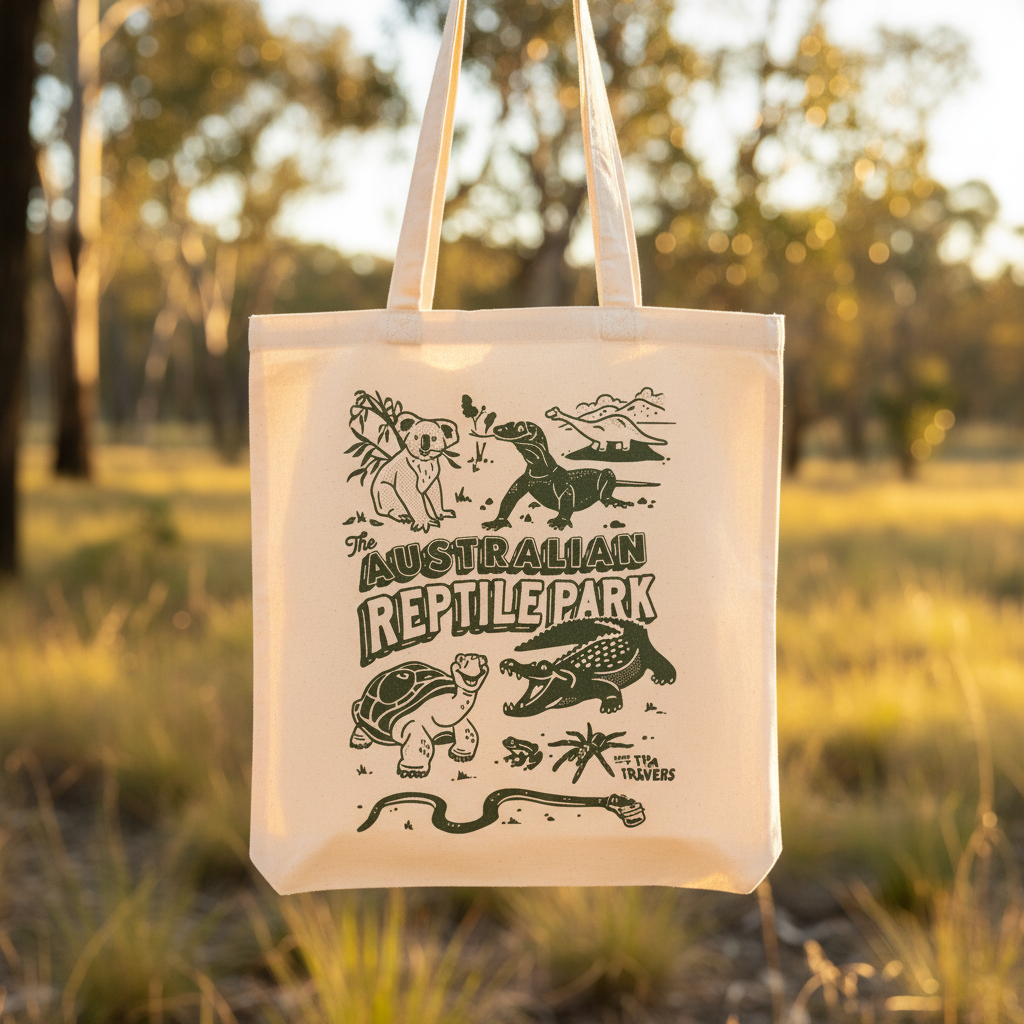 Tote bag with Australian reptile park design hanging in a natural setting