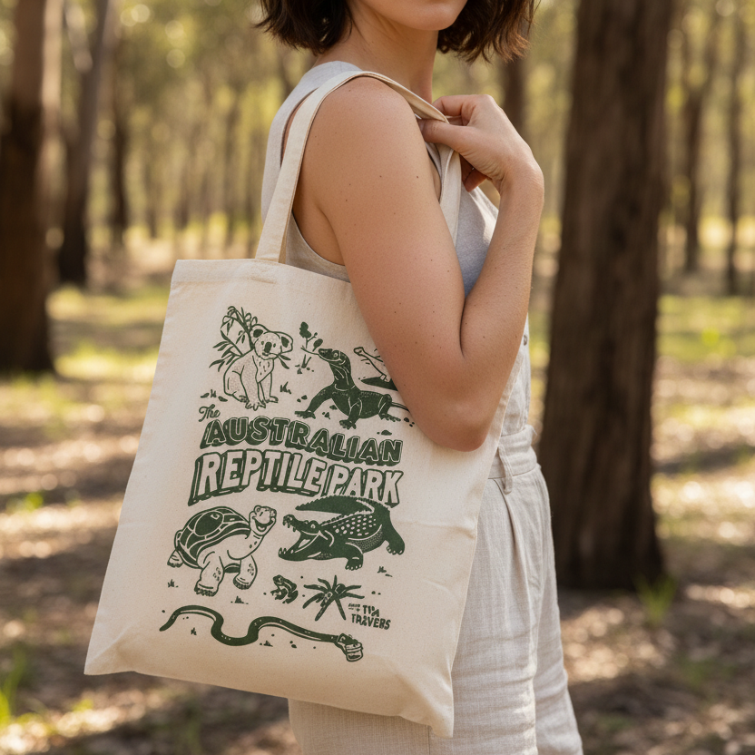 Woman holding a tote bag with Australian Reptile Park design in a forest setting