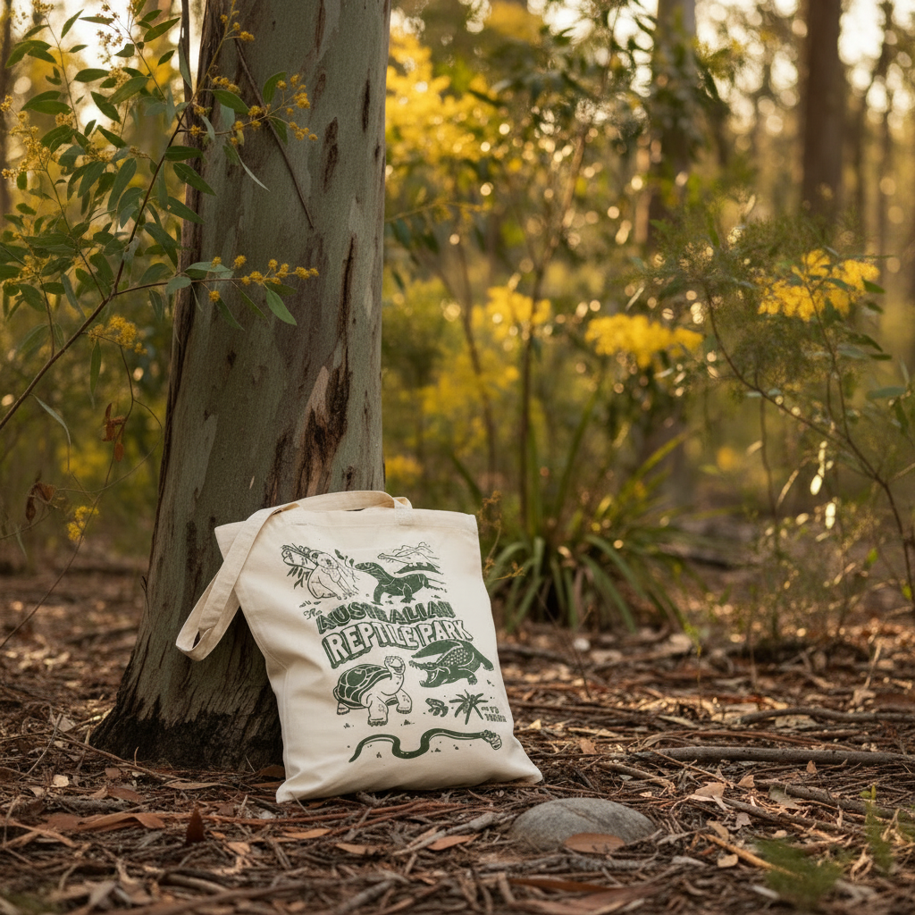 Tote bag with nature-themed design leaning against a tree in a forest setting
