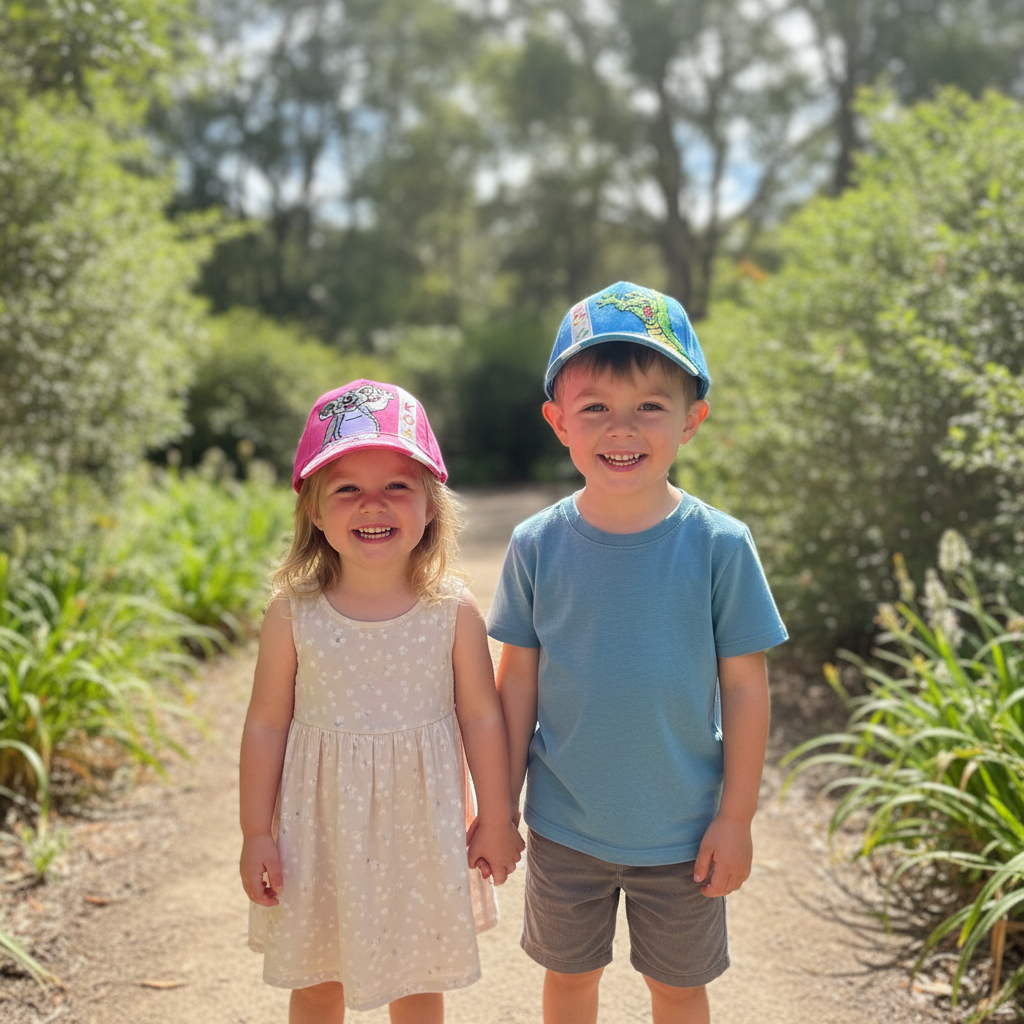 Boy and girl wearing ARP caps