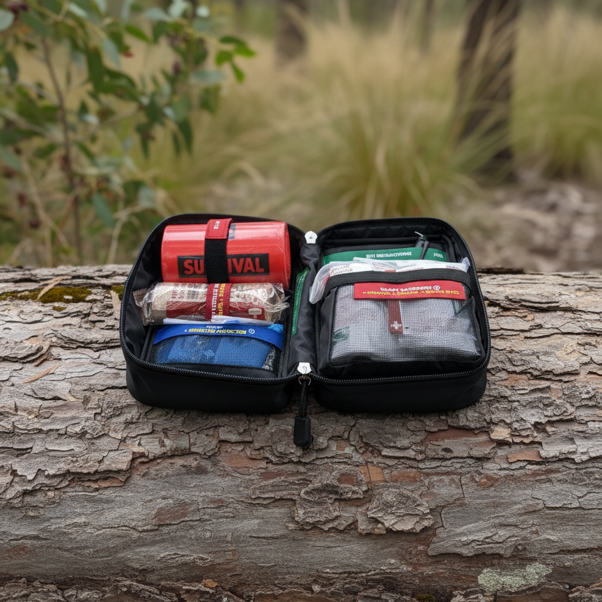 Snake Bite Kit on solid surface with woodland backdrop